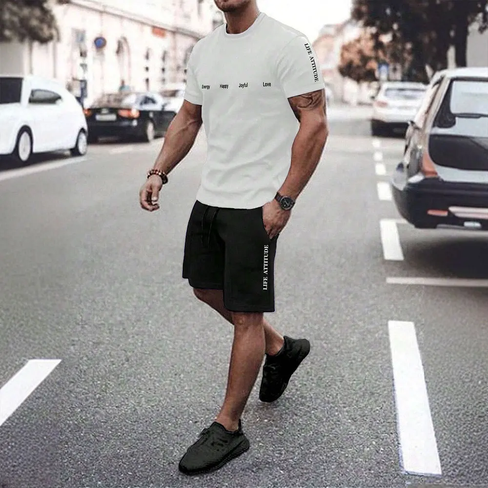 Summer Men's Fashion Short Sleeve Shorts Set New 3D Letter Printed Short Sleeve T-Shirt and Drawstring Shorts 2 Piece Set 2024