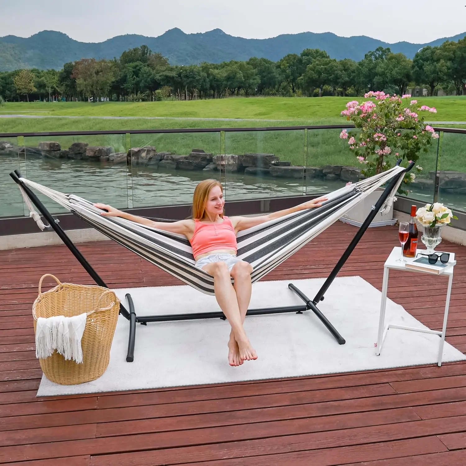 Hammock with Stand for Outside, Heavy Duty Space Saving Steel Stand with 450 lb Capacity