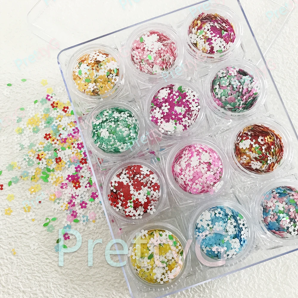 PrettyG Groothandel Pastel Bloem Groen Blad Mengen Glitter Vorm Lente Glitter Pailletten voor Art Craft Nageldecoratie Accessoires