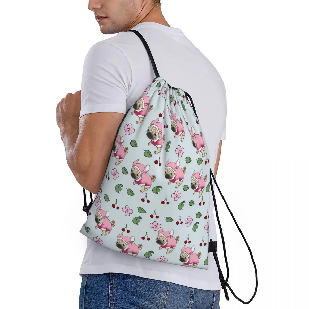 Bolsa com cordão personalizada de buldogue francês e flor, masculina, feminina, leve, animal de estimação, cachorro, esportes, academia, mochila de armazenamento