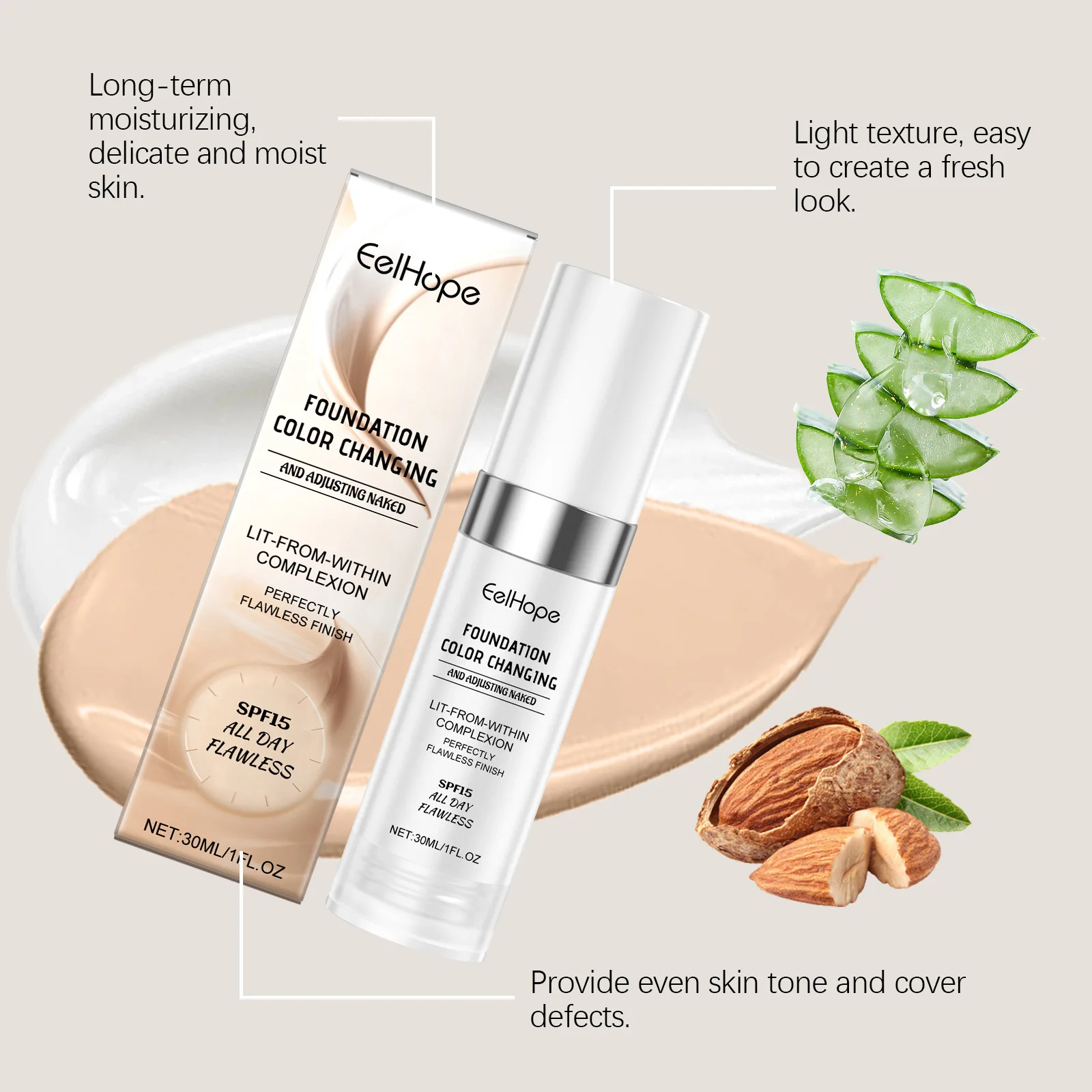30ml Color Changing Liquid Foundation Full Coverage Concealer Brighten Oil Control Waterproof Lasting Moisturizing Makeup Base
