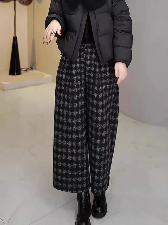 ارتفاع الخصر Thiened Fce الخريف الشتاء منقوشة مستقيم الساق بنطال ذو قصة أرجل واسعة تأثير التخسيس السراويل العصرية تسع نقاط #4