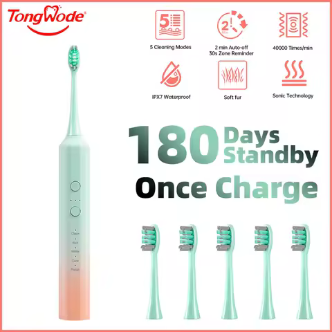 Tongwode Sonic Electric Toothbrush USB Rechargeable IPX7 Waterproof Electronic \Whitening Adult Tooth Brushes Replacement Heads