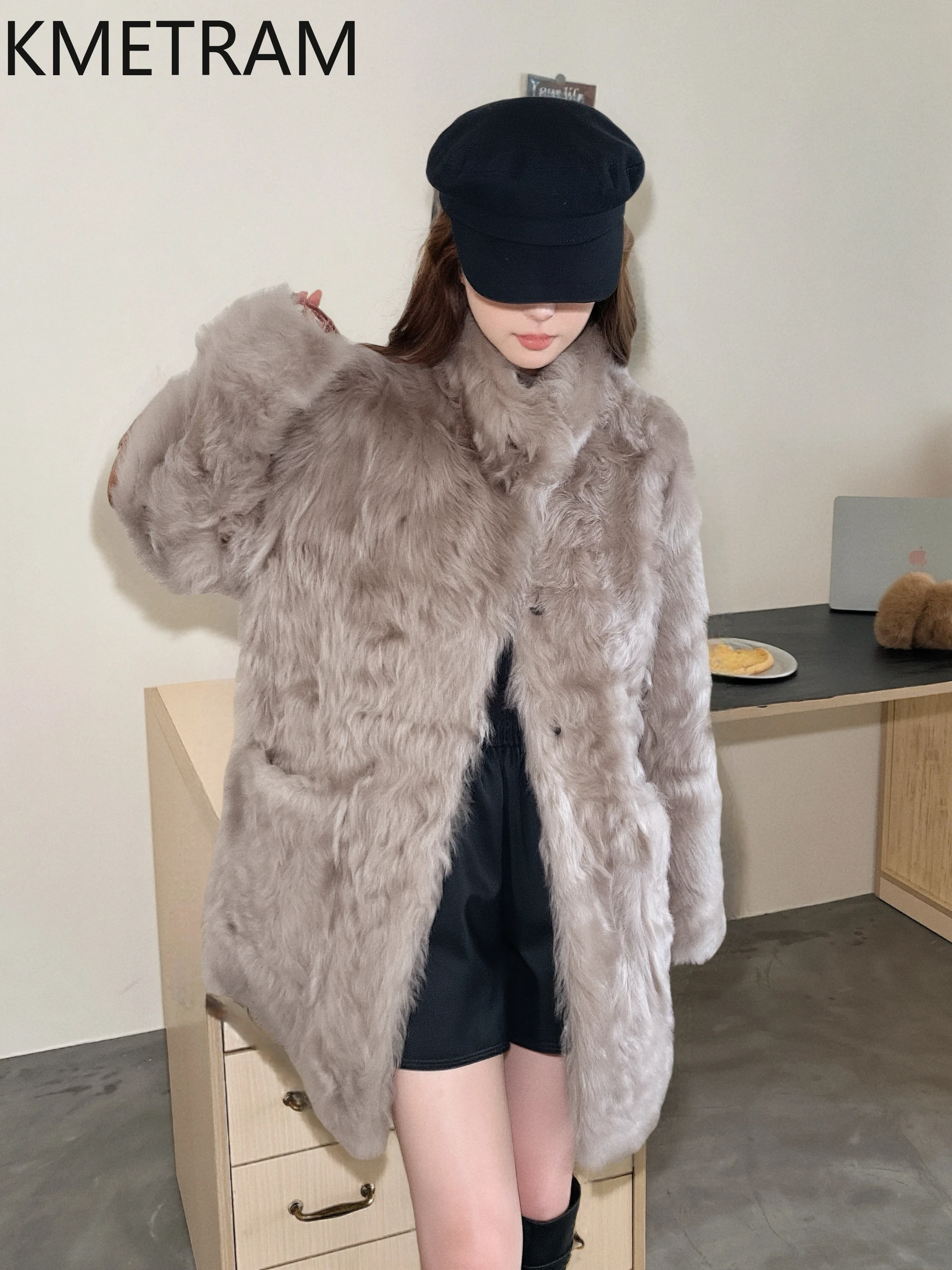 KMETRAM Naturalna Wełna Skóra Owcza Dwustronny Płaszcz z Futra Damski Średniej Długości Dwustronny Płaszcz z Prawdziwego Futra Zimowe Ubrania 2025 Fourrure