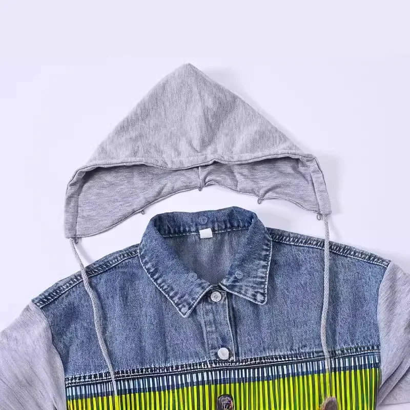 Fresh and Sweet Style Denim Patchwork , New Spring and Autumn Women's Long-sleeved with Loose Detachable Cap Design