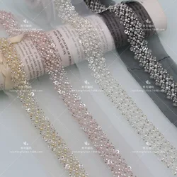 1y Sequin Beaded Lace Ribbon Garment Sewing Accessories Trimmings For Clothing Dress Collar Cuff DIY Crafts Needlework Applique