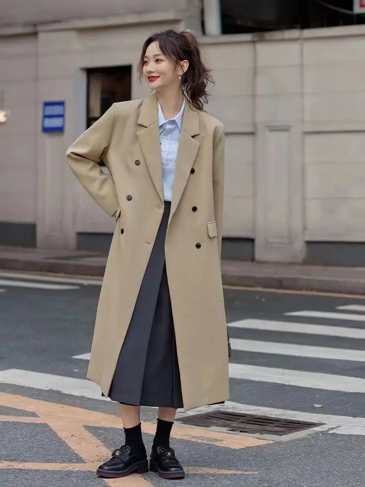 2026 Autumn Women Long Blazer Solid Outwear Fashion High Street All-match Coat Korean Style Loose College Style Long Trench Coat