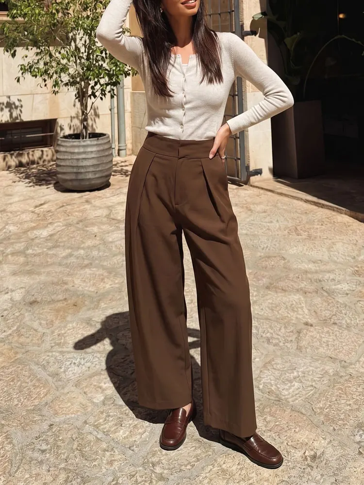 HH Women Fashion Pleated Trousers Loose Zipper High Waist Wide Leg Pants Spring Female Casual Solid Office Lady Chic Pant