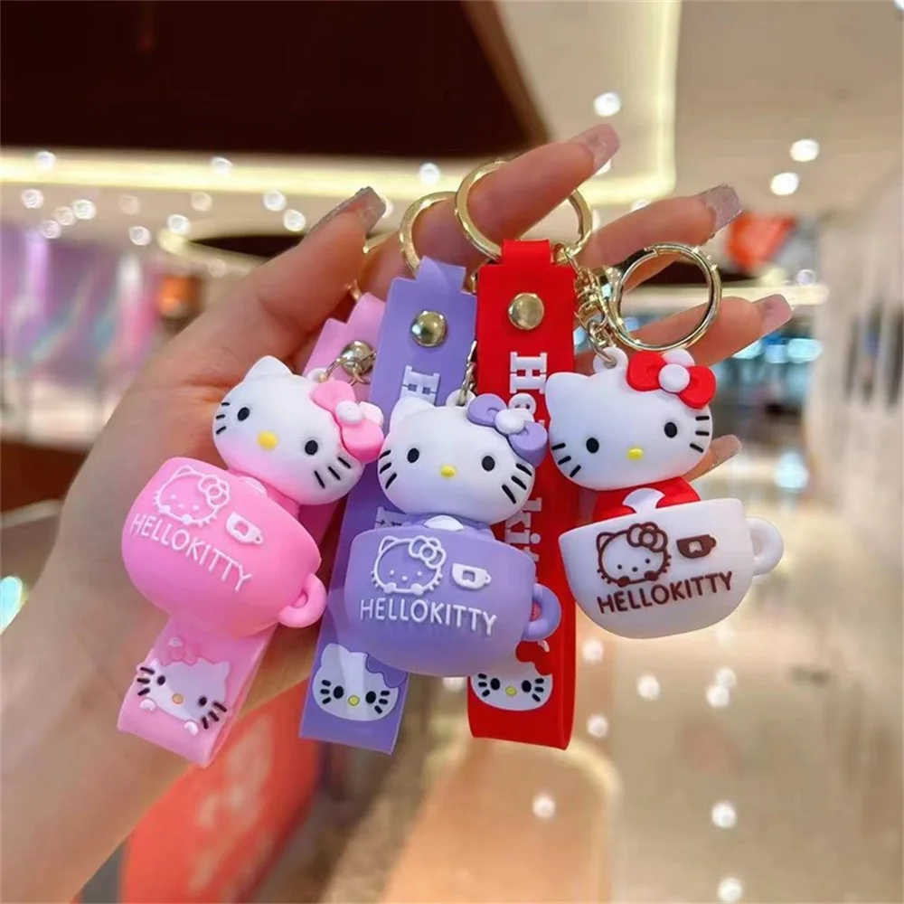 Miniso Hello Kitty Keychain Cute Sanrio Accessories Cartoon Doll Ornaments Soft Rubber Cup Kt Bag Pendant Car Keyring Girl Gift