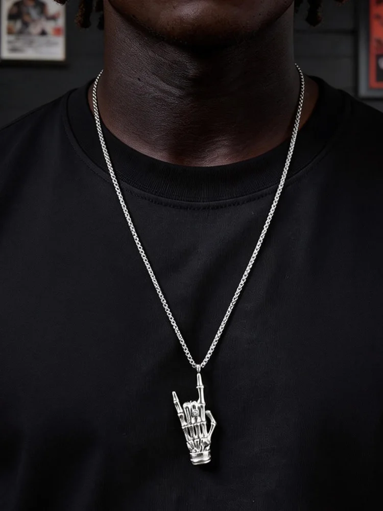 

Fashion Hiphop Necklace, Rock Music Women Men Necklace Zircon Unique Skull Pendant Gift Heavy Metal Salute Jewelry 60cm Length