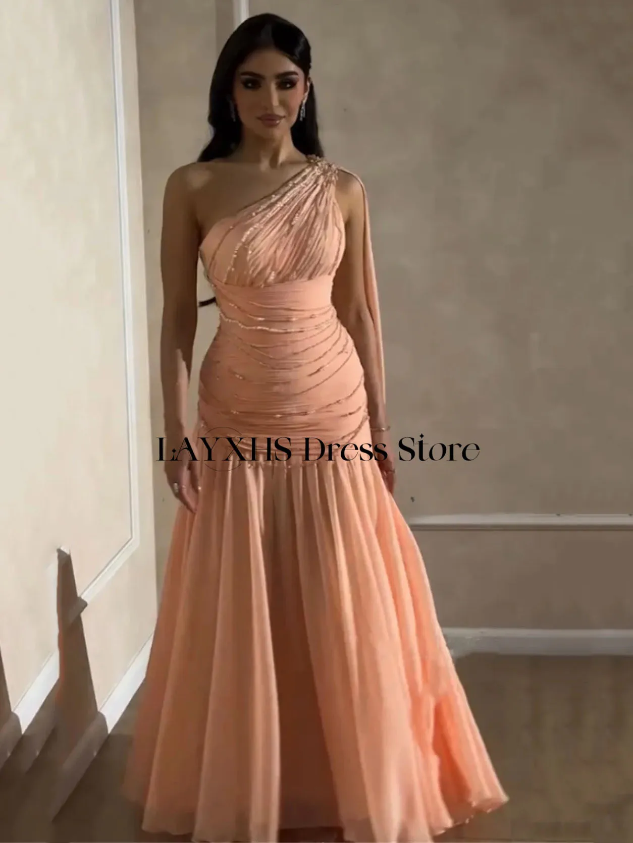 فساتين سهرة فاخرة مطرزة بحورية البحر من LAYXHS بكتف واحد وشال مطوي لحفلات أعياد الميلاد فساتين حفلات مخصصة من Fساتين Sher