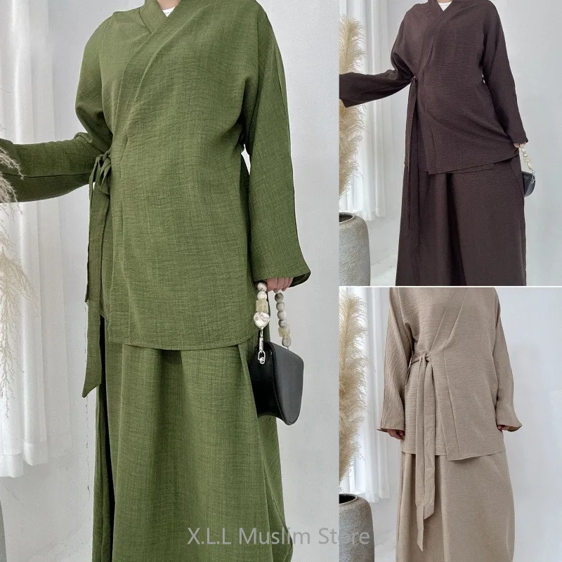 

Two Piece Set For Women Muslim Clothes Kimono Lace Up Tops Skirt Suit Ensemble Longue Femme Musulmane Twinset Dames Moslima