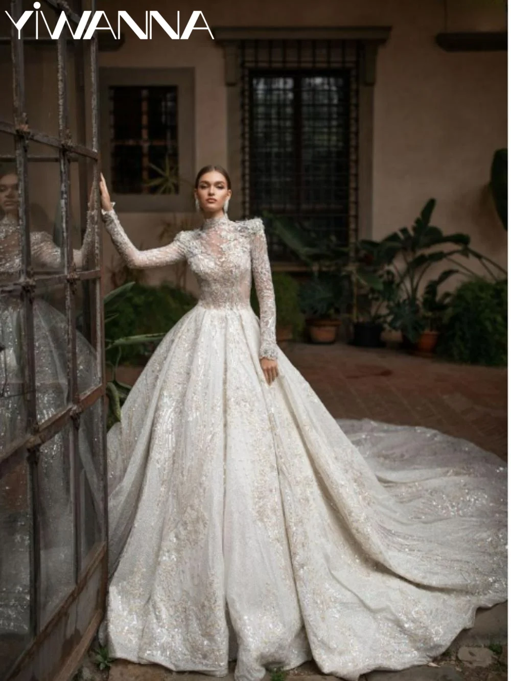 Classic Sequins Appliques Wedding Dress Modest High Collar Long Sleeve Bridal Gown Luxury A-line Long Bride Robe Robe De Mariée