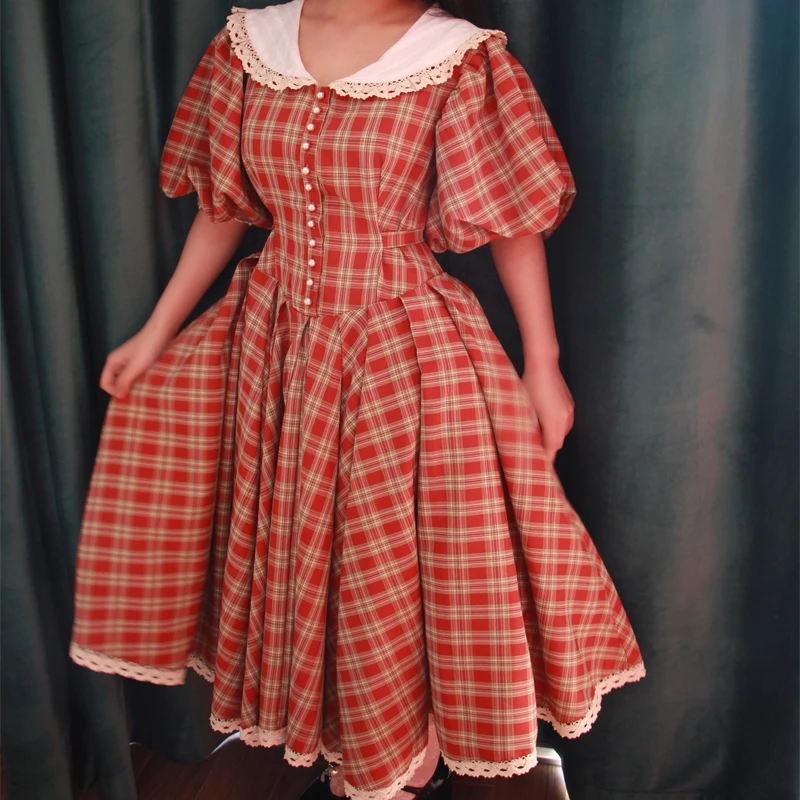 

TIYIHAILEY Long Mid-Calf Women Ladies Dress Puff Sleeve Turn Down Collar Red Plaid S-L Spring Summer Cotton Big Hem Dresses
