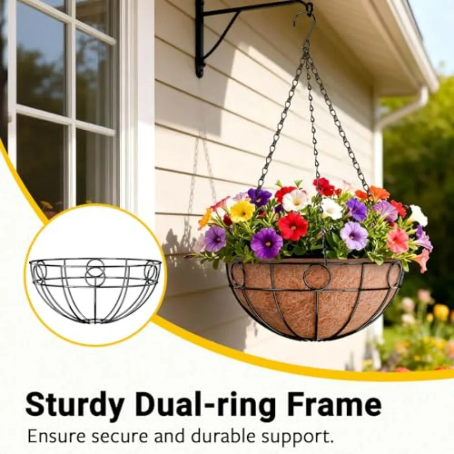 Outdoor 16-inch hanging baskets for garden, yard, patio, porch, balconymetal wire with coco coir liner, black finish, rust-resi