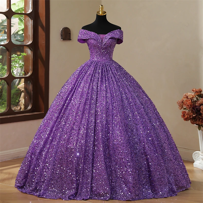 Vestido de quinceañera púrpura con lentejuelas y hombros descubiertos, vestido elegante con foto Real para fiesta de graduación, vestido de baile