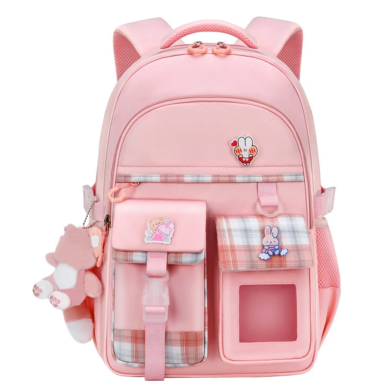 Beliebte rosa lila Farbe Mädchen High School Schüler Rucksack Taschen Oxford Rucksack für Frauen klassische kausale Puppe Anhänger Tasche