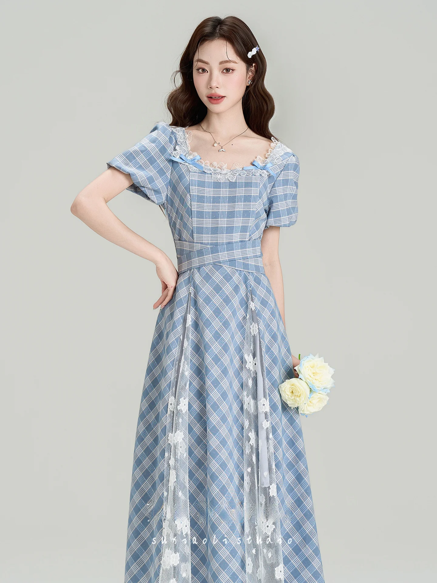 

Summer New Style Square Collar Blue Plaid Bubble Sleeve Lace Splicing Long Dress Women's High Waist A-Line Skirt Comfortable ...