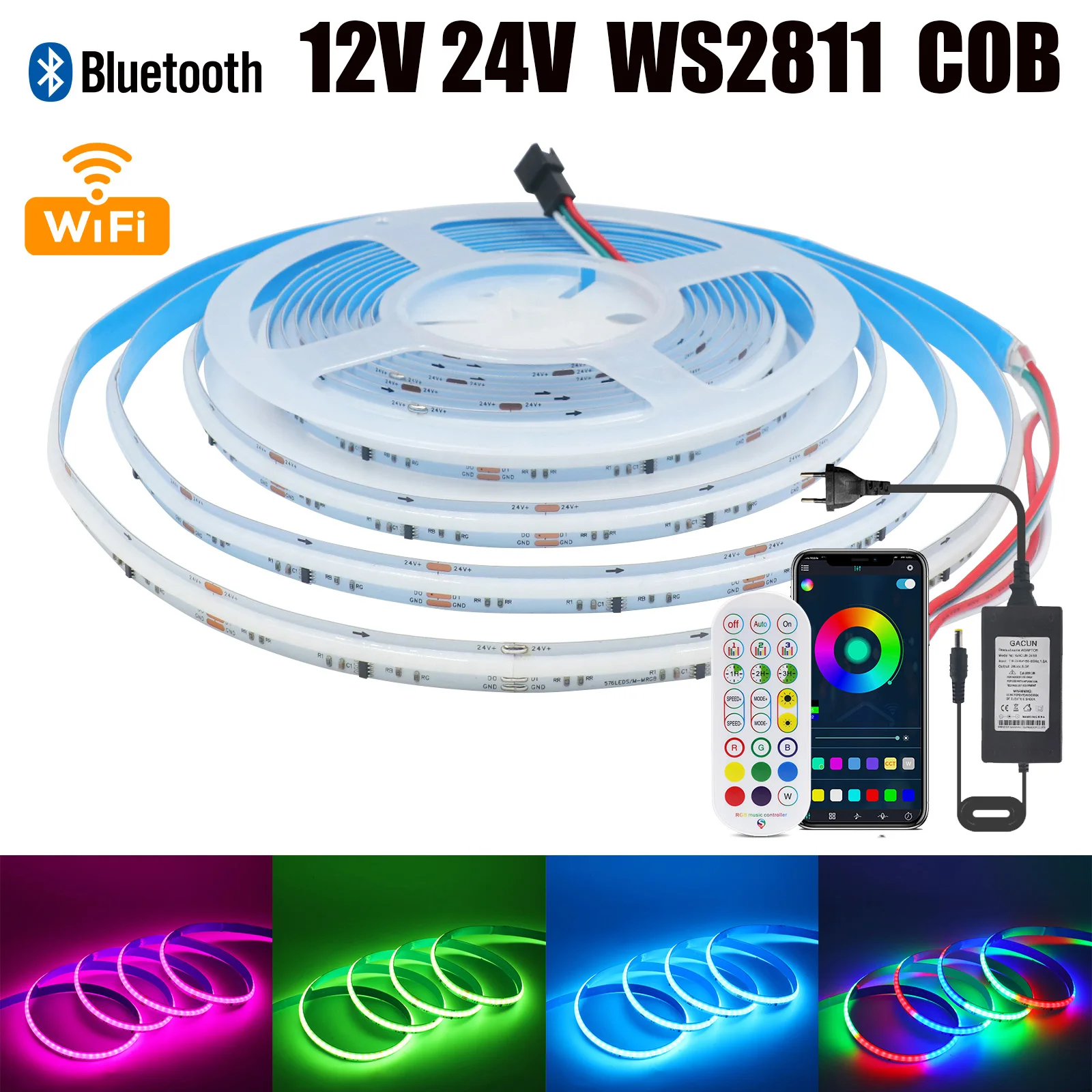 

COB RGB LED Strip 12V 24V WS2811 Dream Color WIFI Bluetooth APP Control TV BackLight Room Decor 576 Pixel Flexible Ribbon Light