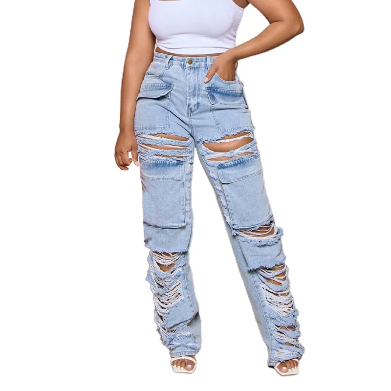 Sommer Aushöhlen Gebrochene Löcher Gerade Jeans Frauen Hohe Taille Breite Bein Denim Hosen Weibliche Casual Blaue Hosen Trend Streetwear