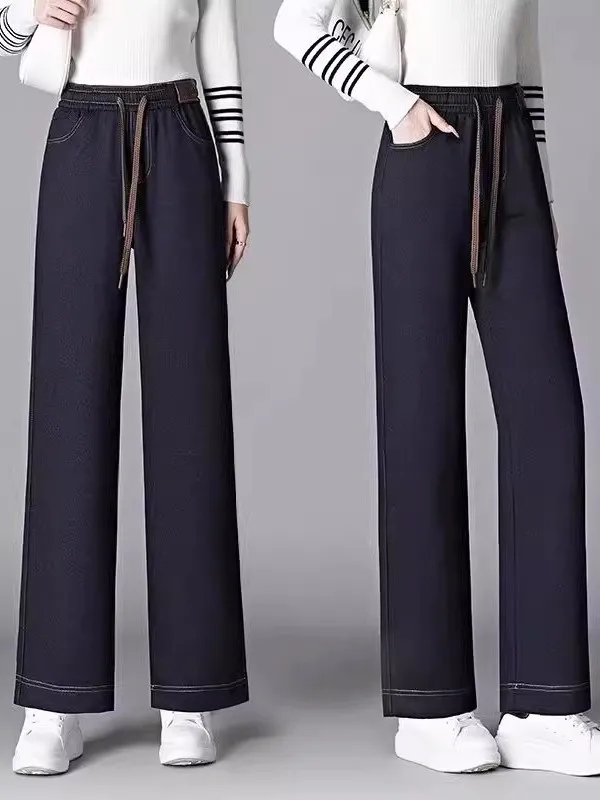 Retro Denim Look Wide Leg Casual Pants Thin Summer Loose Straight Tube Women's Trousers High Waist Polyester Fiber