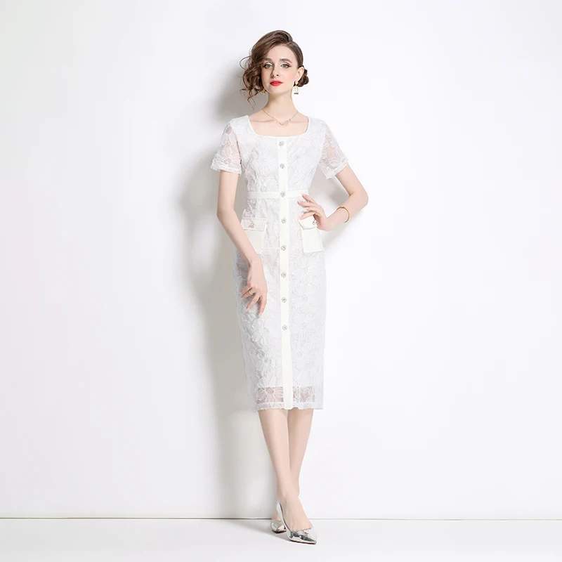 Fashion Runway Summer Lace Sheath Dress Vintage Women Square Collar Button Flower Embroidery Bodycon Long Dresses