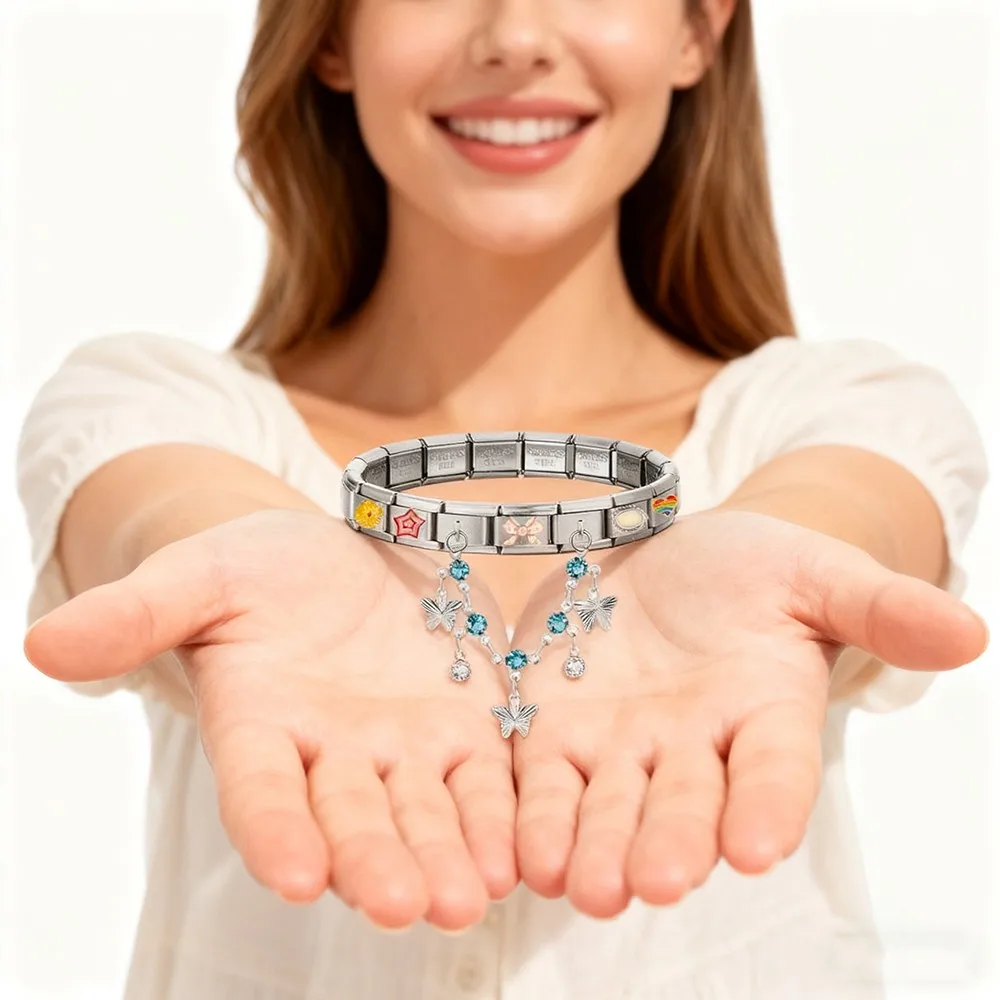 Y2K Klassische Stern-Schmetterling-Kreuz-Herz Damen-Kette, Italienischer Charm-Anhänger, passend für 9mm Edelstahl-Armbänder, Schmuckherstellung DIY – Detail 4