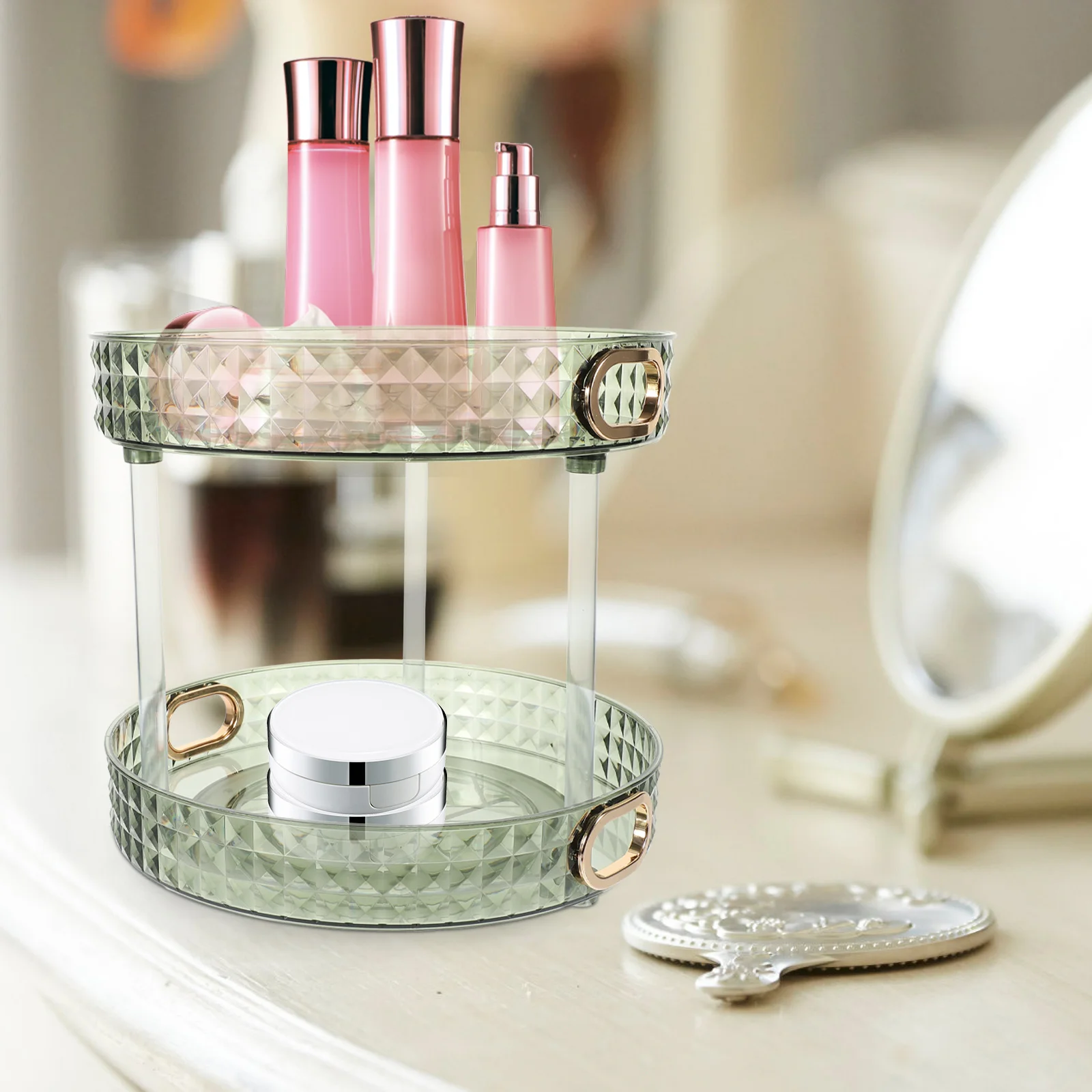 

Sophisticated Rotating Organizer Double Layer Vanity Storage for Cosmetics Perfumes Skincare Easy Access