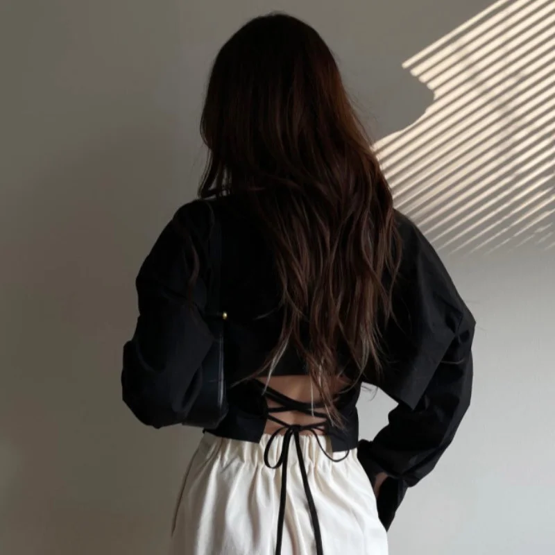 Bandage Backless Shirts Women Sexy Crop Tops Loose Summer Waistless Chic New Hotsweet Design Korean Fashion Clothing Long-sleeve