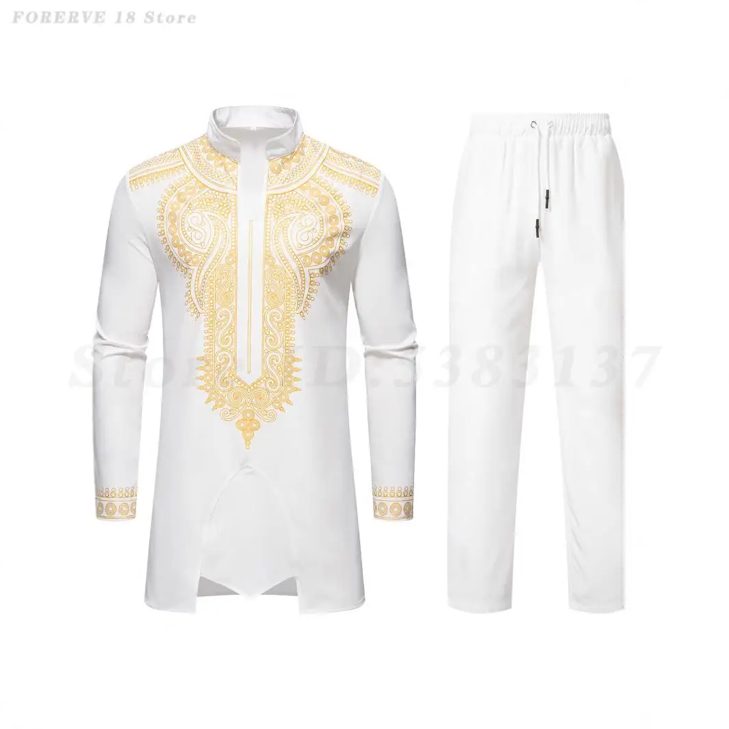 Fashion African Clothing Retro Ethnic Style Muslim Robe Trousers Suit Men Traditional Print Golden Flowers Shirt Cosplay Costume