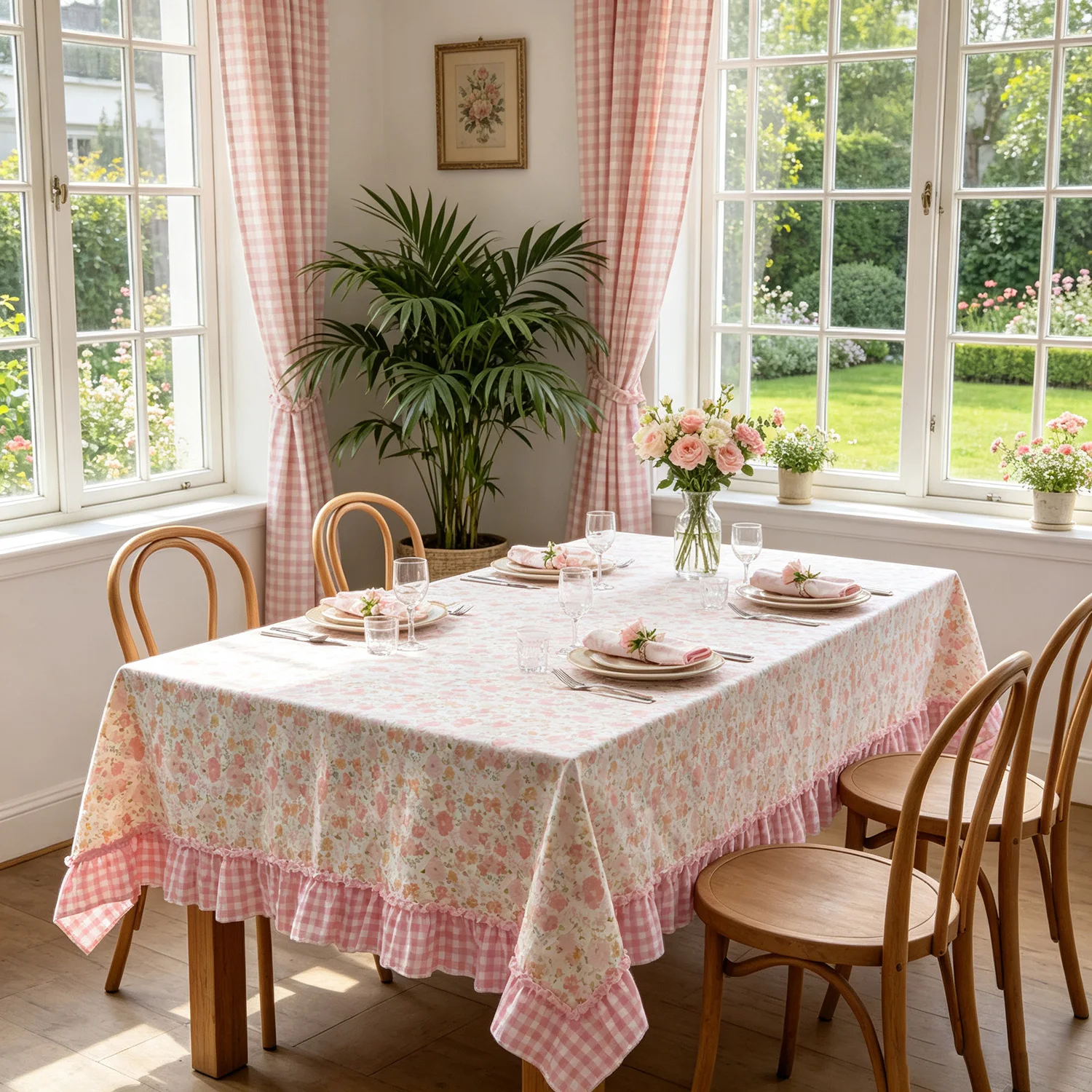 American Pastoral Flowers Print Pink Tablecloth Rectangular Coffee Table TV Cabinet Cover,Restaurant Living Room Home Decoration
