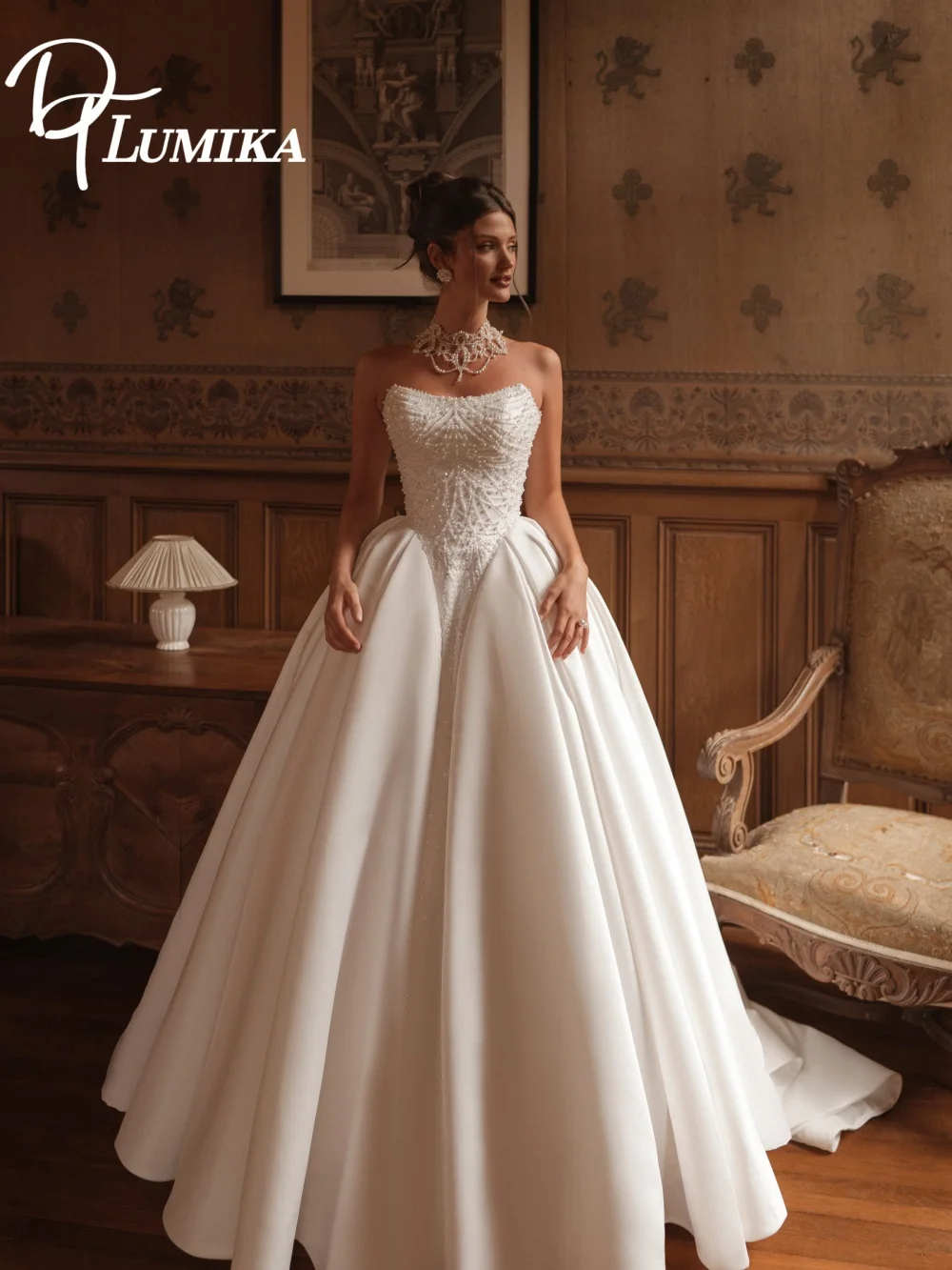 

Elegant Strapless Beaded Wedding Dress Romantic Sequined Bridal Gown Fashion Ball Gown Floor-Length Bridal Dress Robe De Mariée