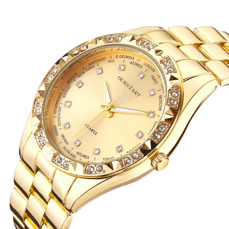 Luxury Couple's Gold Quartz Watches Steel Band Rhinestone Decor  Ladies Male Wristwatch Fashion Couple Matching Watches Gifts
