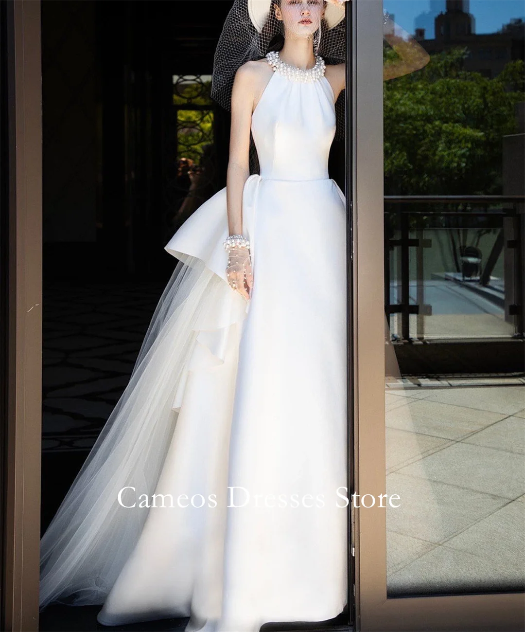 SONDR Customized Princess Satin Backless Satin Wedding Dresses Halter Pearls Tiered  Brides Gowns Women Bridal Dresses