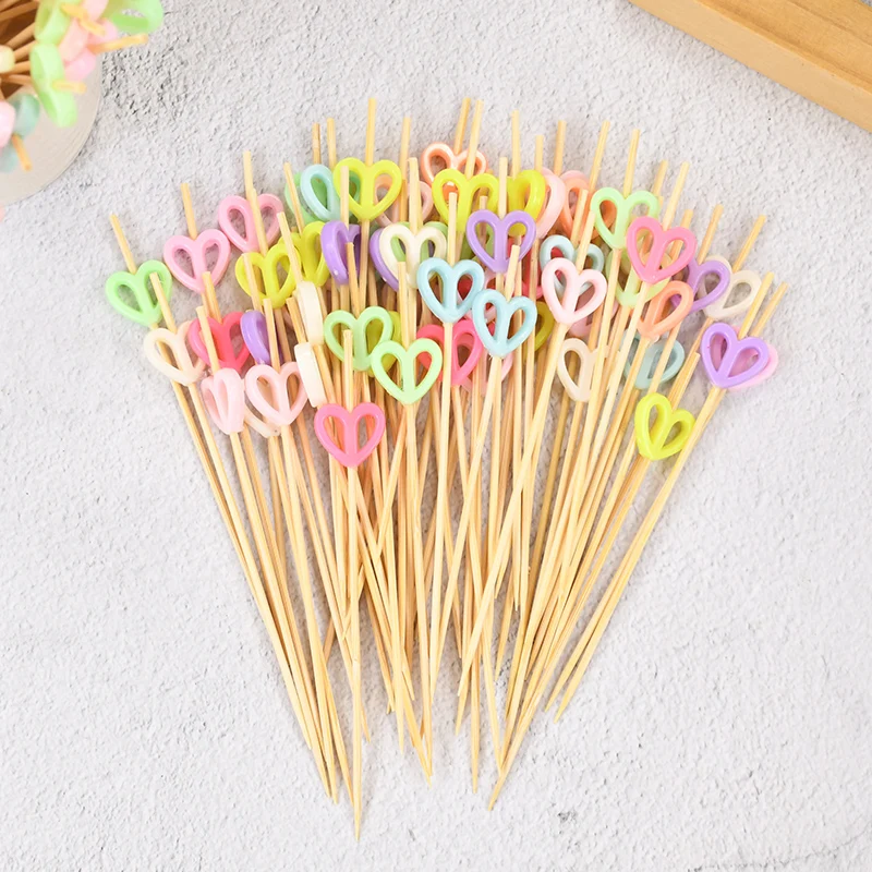 

100pcs Disposable Heart Cocktail Toothpicks Food Fruit Drink Appetizer Skewer Dessert Salad Bamboo Pick Wedding Party Decoration