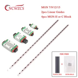 2 uds guía lineal MGN + 4 Uds bloque MGN MGN7 MGN12 MGN15 MGN9 300 350 400 450 500 550mm carril lineal en miniatura deslizante CNC impresora 3D