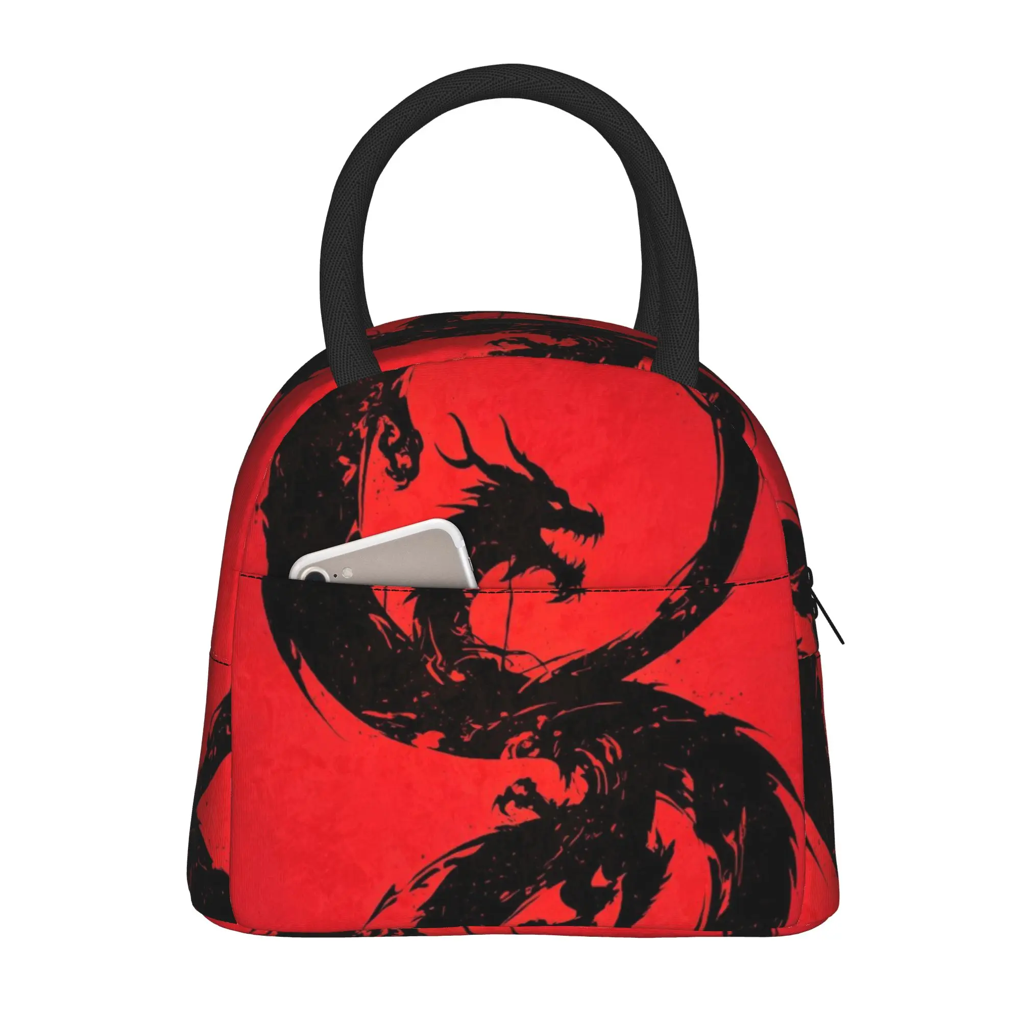 Back to school season  Meal Bag Red Background Black Dragon Art Kawaii Casual Multi-Function Heat Preservation Lunch Bag