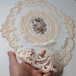 European Oval Lace Embroidered Coaster Bedroom Study Kitchen Cup Table Mat Food Fruit Plate Cover Cloth Christmas Decoration