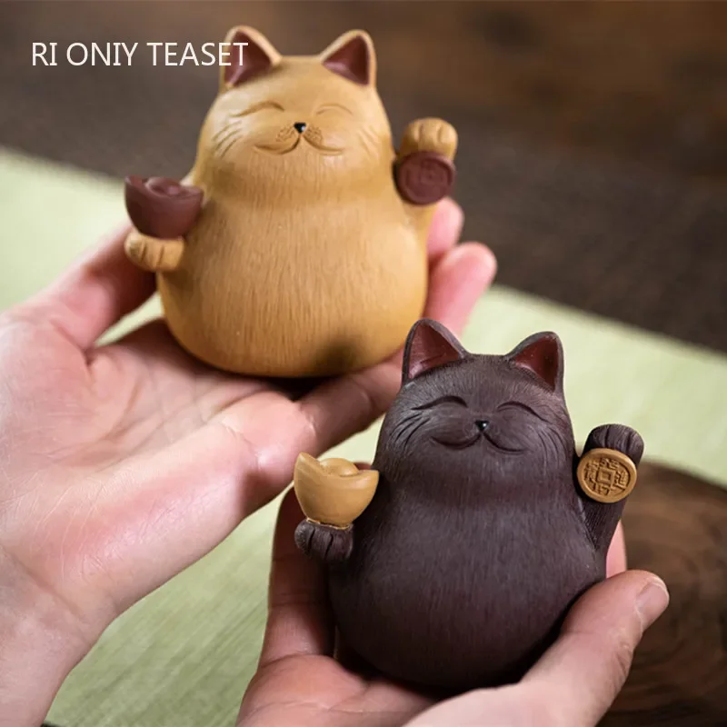 Yixing Purple Clay Tea Pet Lucky Cat Sculpture Tea Figurine Desktop Ornaments Handmade Crafts Home Tea Set Decor Accessories