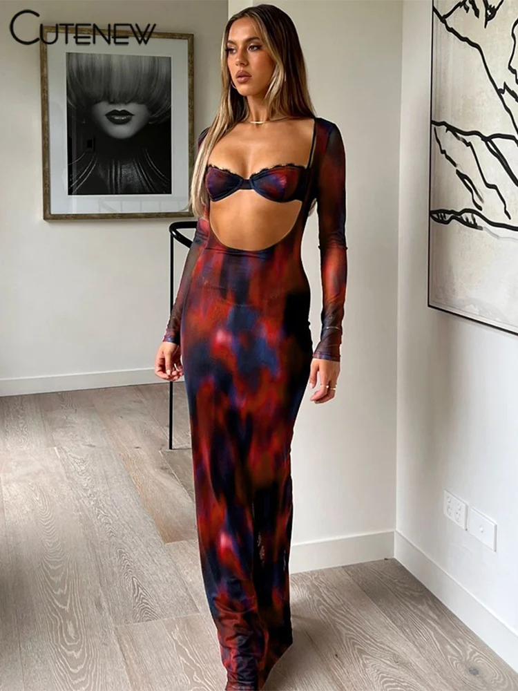 Cutenew Tie Dye Women Long Dress Elegant Vintage Autumn Long Sleeve Hollow With Bikini Tops Sheath Robe Mujer Clubwear Outfits