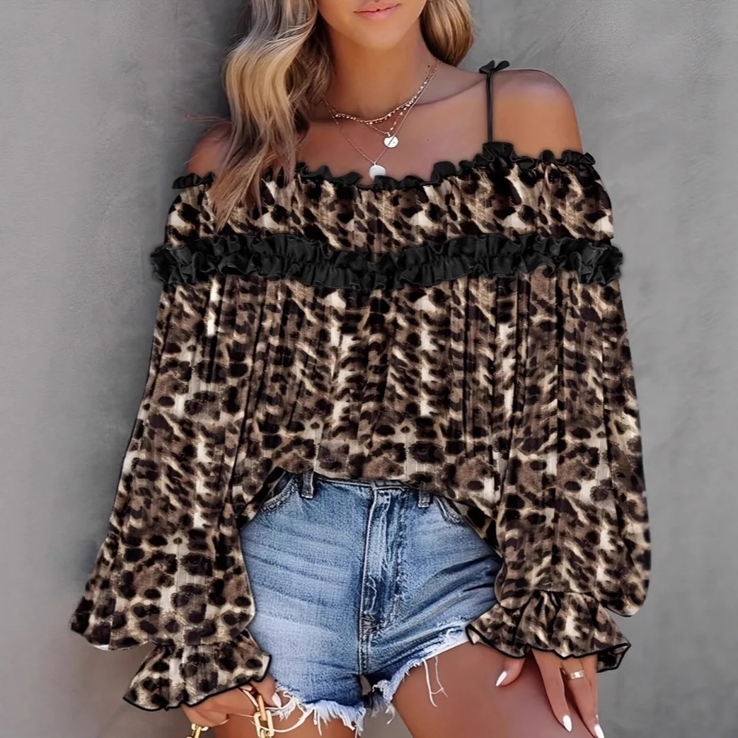2025 New Off-Shoulder Long Sleeve Puff Sleeve Gradient Color Block Top for Women