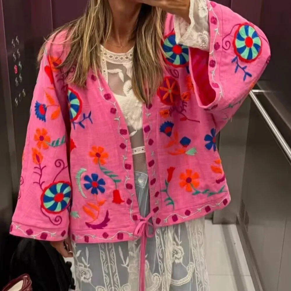 

Ethnic Women V neck Lacing Up Bow Front Embroidery Flower Cotton linen Kimono Coat Boho Flare Sleeve Loose Jacket Outerwear