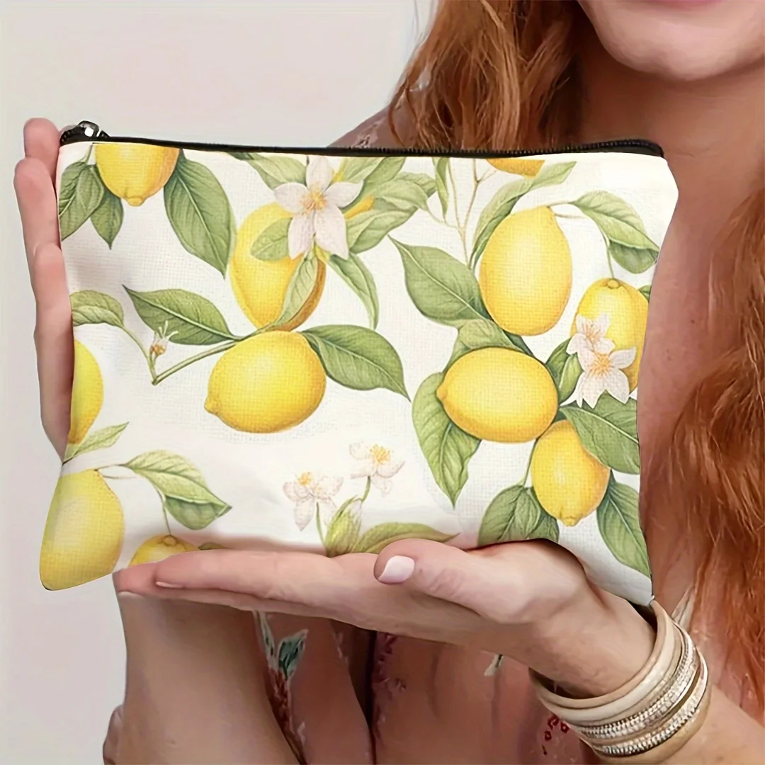 One Lemon-Themed Pouch, Ideal As A Gift, Featuring A Bright Yellow Lemon Design. This Travel-Friendly Makeup Bag Is Perfect