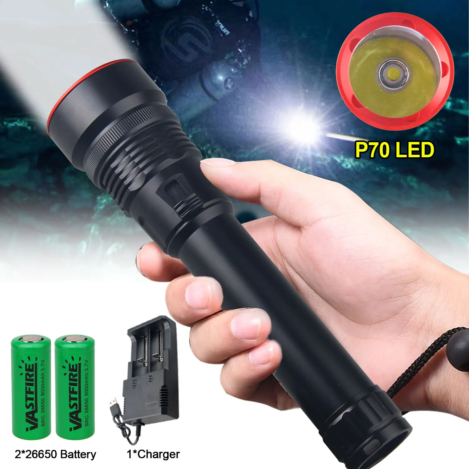 Super bright Dimmable Diving Flashlight IP68 highest waterproof LED Professional diving light Powered by battery With hand rope