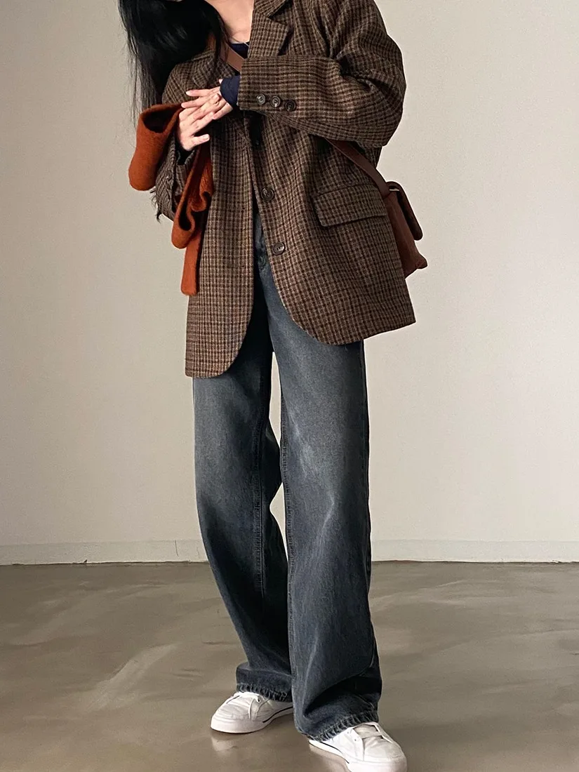 

JLINS Retro Sle Plaid Suit Jaet for Women Autumn Winter Korean Sle Long Sve Button up Casual Outerwear