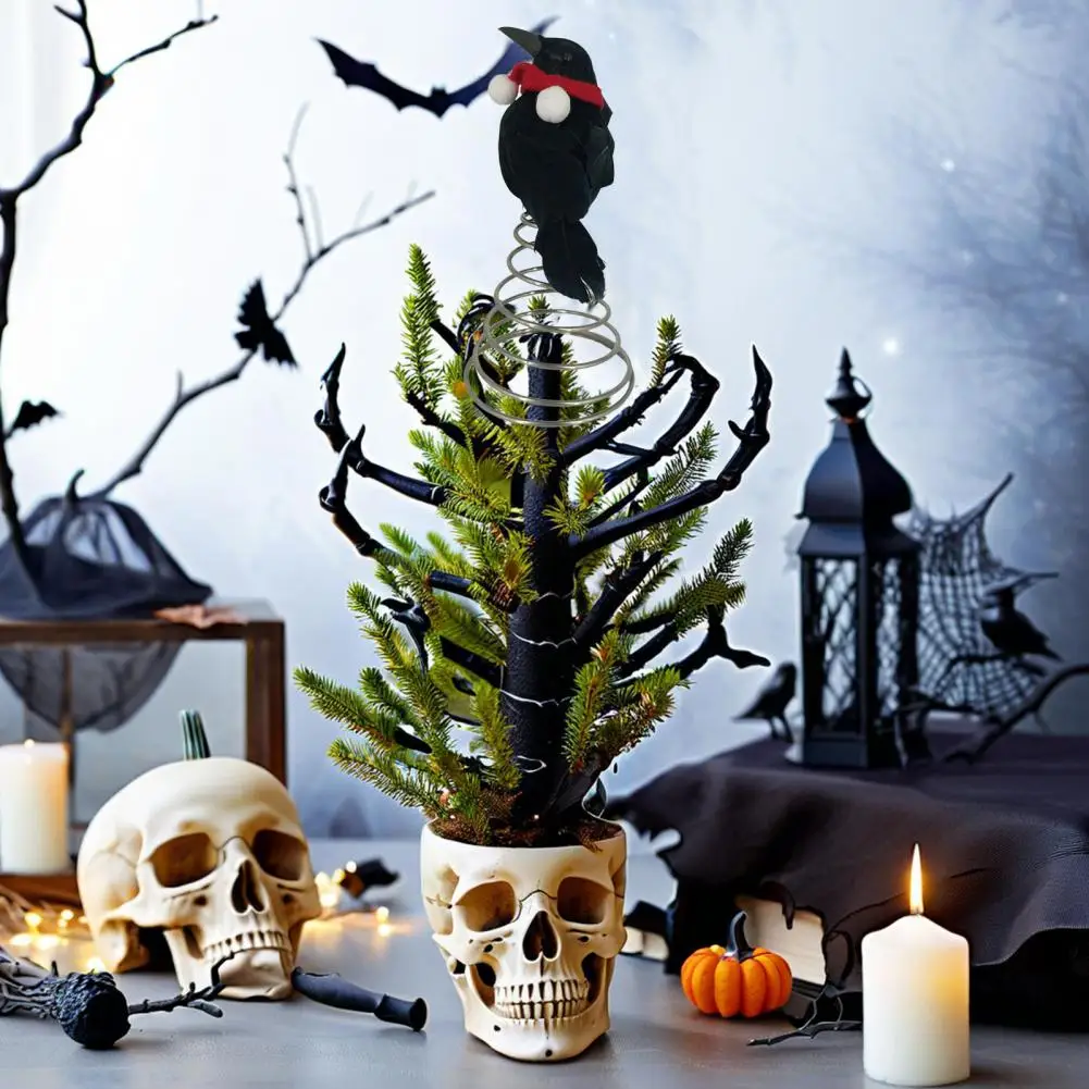 Adorno de árbol espeluznante para Halloween, adorno de árbol de cuervo con bufanda, bola de pompón, adornos navideños en miniatura para suministros de fiesta embrujados