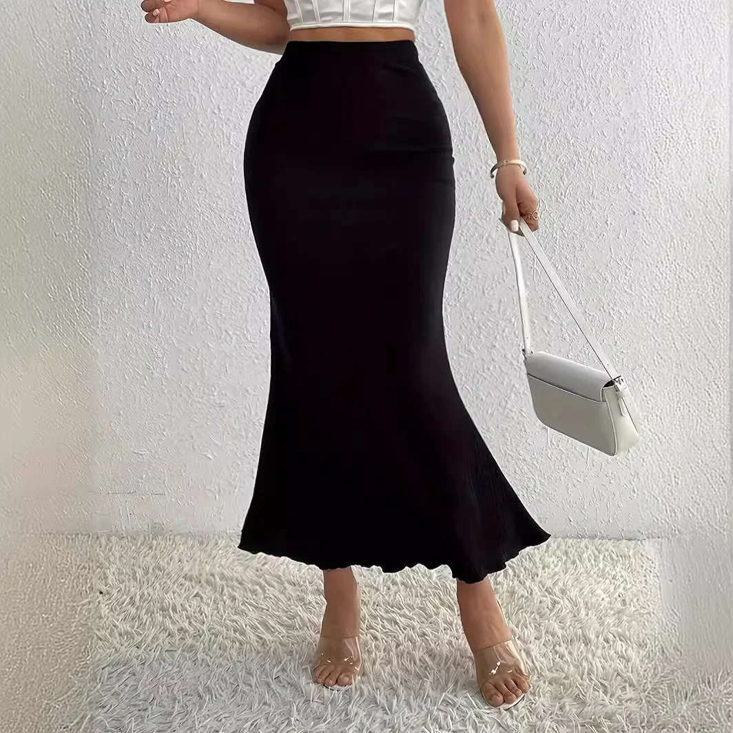 Rok Hem putri duyung elegan hitam rok Maxi pakaian jalanan 2024 mode Y2K pesta klub musim panas Ruched pinggang tinggi wanita