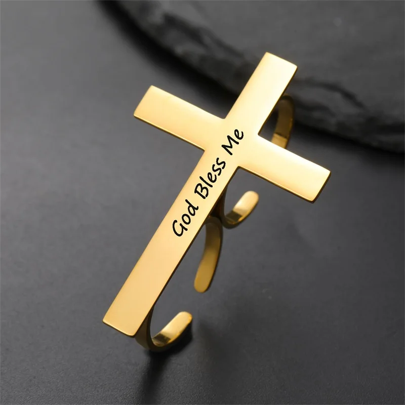 Custom Two Fingers Cross Ring Stainless Steel Personalized Adjustable Cross Ring Jesus Christian Amulet Jewelry For Women Men