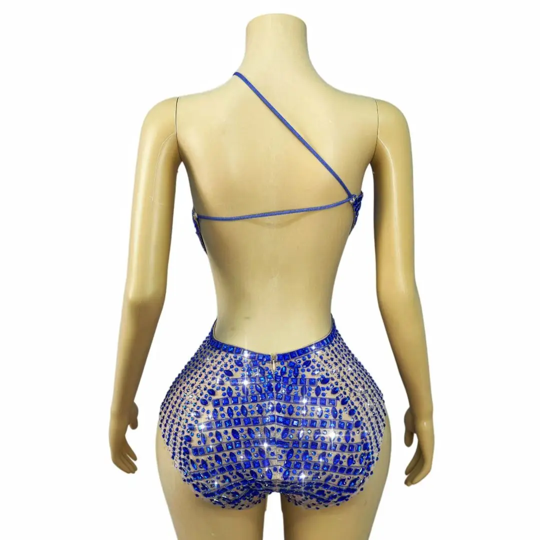 Lanjing Royal Blue Rhinestone Embellished Sheer Mesh Cutout Halter Neck Bodysuit for Drag Queen Performances and Nightclub Event