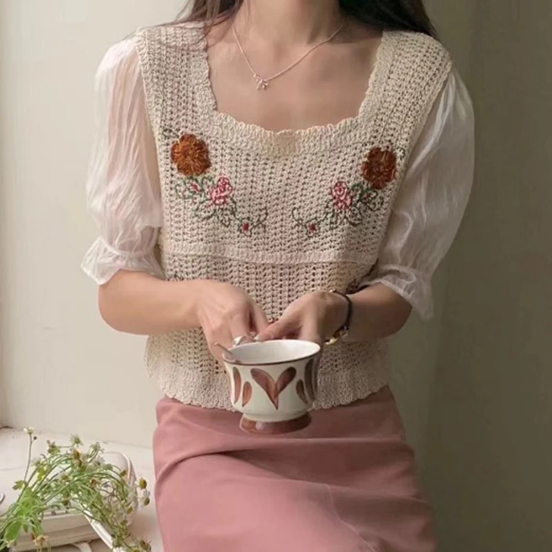 

Вязаный крючком топ с квадратным вырезом и пышными рукавами, открытая вязаная блузка с объемным цветком для женщин, летняя винтажная шикарная праздничная одежда в стиле бохо